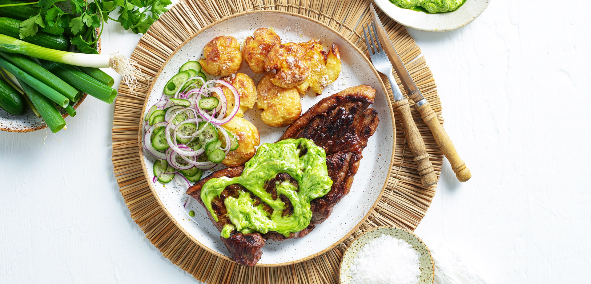 Charred Nature's Fresh rump with crushed potatoes and aji verde - Nature's Fresh